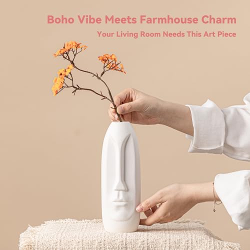 White Ceramic Face Vase - 8.4" Unique Flower Vase with Matte Finish, Decorative Boho/Farmhouse Vase for Pampas Grass & Centerpieces, Living Room/Office Desk Decor & Gift for Her/Yourself - color: White