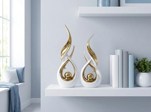 Querro Modern Abstract Ceramic Statue - Elegant White & Gold Decor for Home Living Room, Dining Table Centerpiece & Office Shelf | Luxury Aesthetic Sculpture