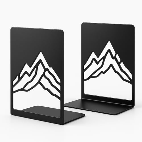 Metal Bookends for Shelves, Mountain Line Art Design, Heavy Duty Decorative Book Ends for Home Office, Black Iron Book Holder with Anti-Slip Base, Gift for Readers & Nature Lovers (1 Pair) - color: Black Sm