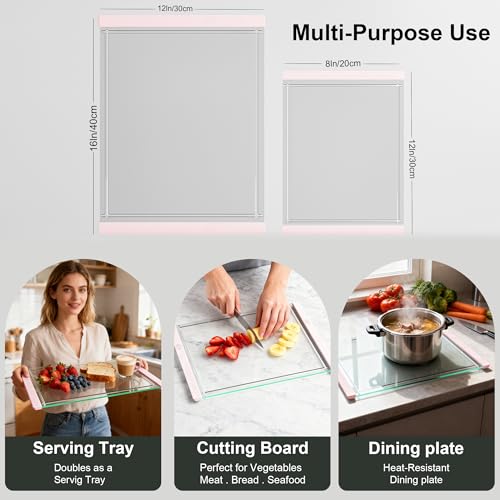 Tempered Glass Cutting Board Set for Kitchen Counter - Dishwasher Safe with Juice Grooves, Non-Slip Silicone Edges & Beveled Grip - 16"x12" & 12"x8" Serving Tray - Pink - color: Pink