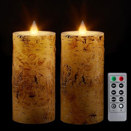 Birch Bark Wax Flameless Candles with Remote Timer, Last 400-Hour with 2AA Batteries, 3D Moving Flame Led Candles, Set of 2(3''x6''), Remote Included(Birch bark). - color: Birch bark