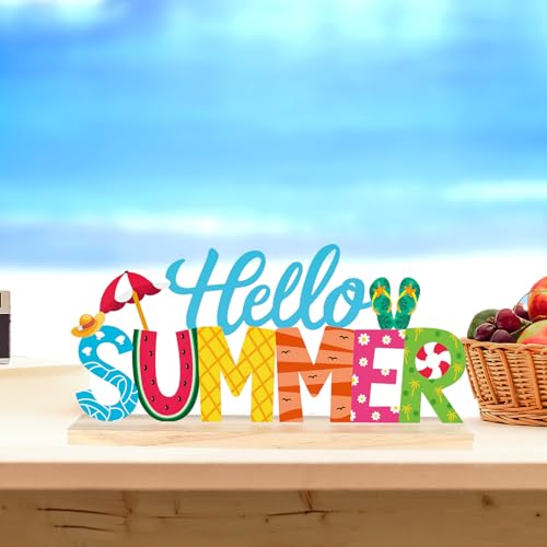 COCHIE Metal Hello Summer Sign, Summer Decorations for Home, Office, Shelf, Mantel, Indoor, Beach Slippers Tabletop Centerpiece Decoration, Watermelon Red Decor (Beach) - style: Beach