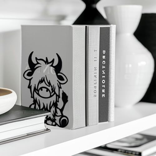 Peacoblue Metal Bookends for Shelves, Modern Decorative Heavy Duty Study Book Support Stoppers for Office, Desk, Shelf, Room 5.3"x4.3"x6.5" Cast Iron Simple Tall Bookends, 1 Pair (Highland Cattle) - style: Highland Cattle