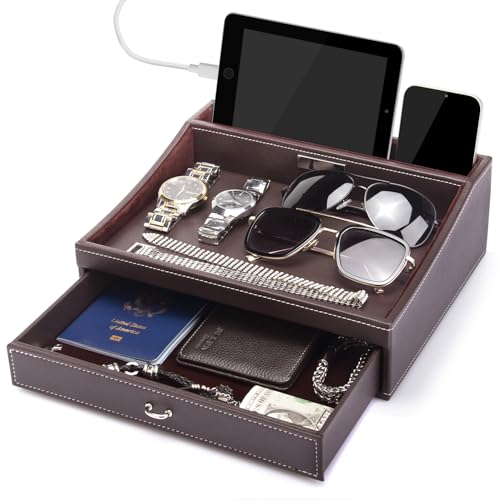 Baoyun Fathers Day Nightstand Organizer for Men, Mens Jewelry Box, Mens Dresser Organizer Countertop, Large Capacity Leather Valet Tray for Phones Pad Wallet Key Birthday Gifts for Men - color: Brown