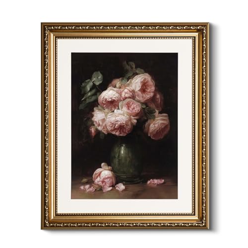 HUARCEY Vintage Rose Flower Gold Framed Canvas Wall Art 13x16 Inch, Classic Floral Vase Still Life Dark Oil Painting Print, Traditional Elegant Living Room Bedroom Kitchen Home Decor - color: Eight Pink Roses, size: 16"L x 13"W