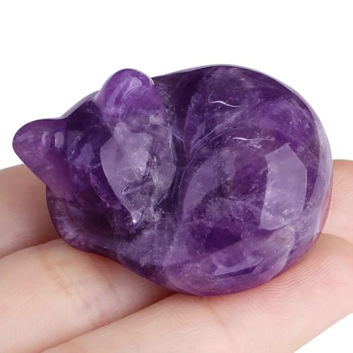 LAIDANLA Amethyst Cat Healing Crystals Figurine Sleeping Cat Hand Carved Cute Statue Polished Stone Sculpture Reiki Office Room Bedroom Desk Home Decoration Gifts 1.6" - color: D-amethyst