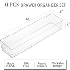 STORi SimpleSort 6-Piece Stackable Clear Drawer Organizer Set | 12" x 3" x 2" Rectangle Trays | Narrow Makeup Vanity Storage Bins and Office Desk Drawer Dividers | Made in USA - size: 12x3x2" (Set of 6)