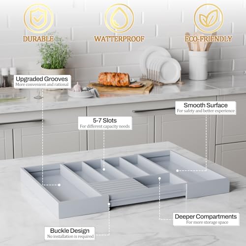 Bamboo Kitchen Silverware Drawer Organizer - Expandable Wood Utensil Holder with Dividers, Luxury Cutlery Storage Tray for Kitchen Utensil and Flatware (5-7 Slots with Removable Knife Block, Grey) - color: Grey