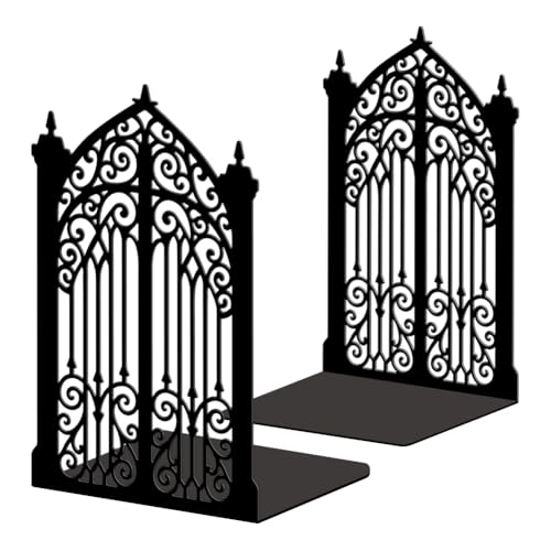 Peacoblue Metal Bookends for Shelves, Modern Decorative Heavy Duty Study Book Ends Stoppers for Office, Desk, Shelf, Room 5.3"x4.3"x7.9" Cast Iron Simple Tall Bookends 1 Pair (Gothic Gorgeous Gate) - style: Gothic Gorgeous Gate