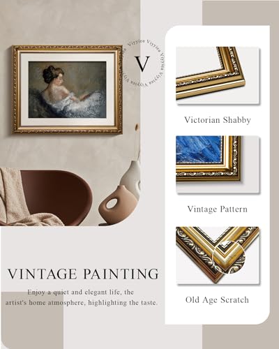 VIYYIEA Gold Framed Wall Art Canvas Print Home Decor Portrait Wall Art Sitting Woman Vintage Decor Room Aesthetic Mid Century Lady Elegant Farmhouse Painting Wall Decor for Bedroom Bathroom 13x16in - color: Figure Crouching, size: 16"L x 13"W