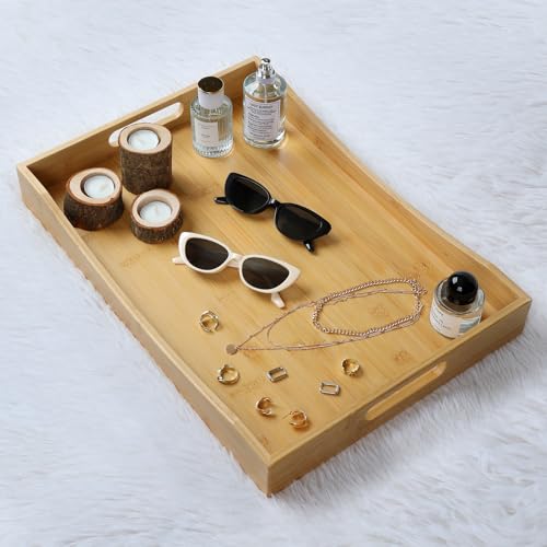 Gobam Bamboo Serving Tray with Handles, 19.7 x 13.8 inch Rectangular Decorative Tray for Entryway, Kitchen, Dining & Living Room, Large Wooden Breakfast Trays for Bed, Coffee Table & Ottoman - color: Natural, size: 19.7" x 13.8" x 2.4"