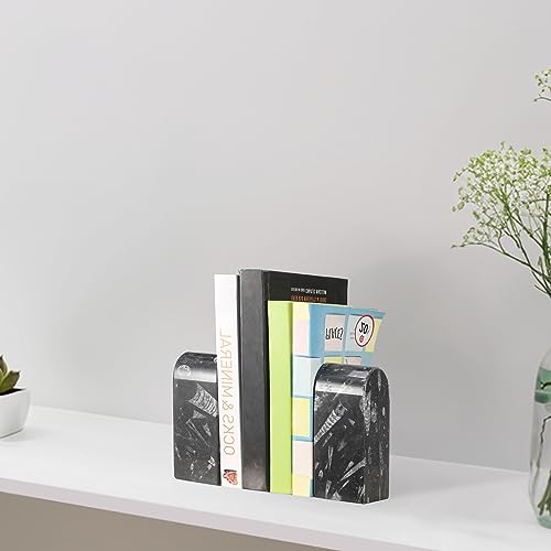 Koville Moroccan Natural Marble Bookends for Shelves, Decorative Book Ends, 7lbs Heavy-Duty Marble Book Holders, Bookshelf Apartment Decor for Normal Books/CD/Video Games(Black Fossil) - color: Black Marble-black Fossil, size: 7lb