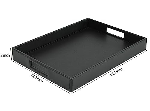 HofferRuffer Rectangle Serving Tray with Hole Handles for Coffee Table, Breakfast, Tea, Food, Butler - Countertop, Kitchen, Vanity Serve Tray, 16.2 x 12.2 x 2 inches, Faux Leather Tray (Black) - color: Black, size: 16.2" x 12.2" x 2"
