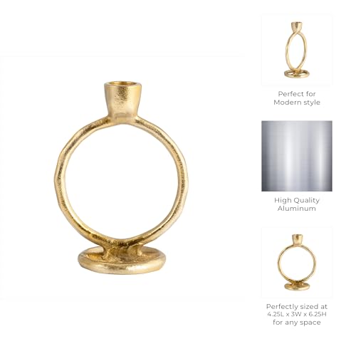Contemporary Round Ring Metal Candle Holder for Mantel Display - Sculptural Centerpieces for Tables - Polished Taper Candlestick Holders with Open Form for Elevated Surface Accents - 7", Gold - color: Gold, size: 6.25" H