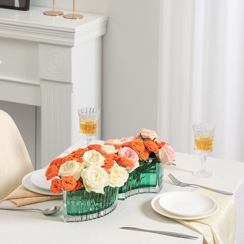 MCMCNCUIU Crystal Vases for Centerpieces, Flower Vases for Wedding Centerpieces, Green Vase for Flowers, Curve Small Vase for Living Room, Bedroom, Kitchen, Dining Table, Set of 2 - color: Green