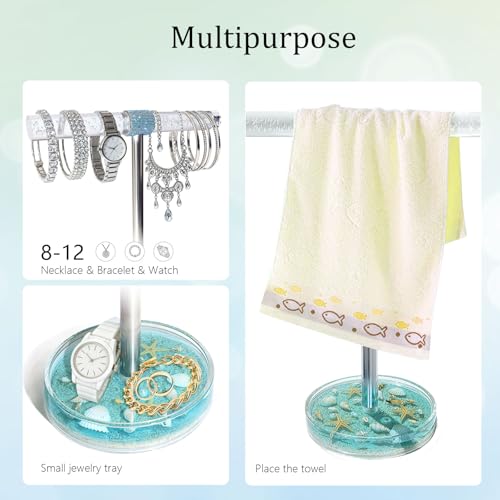 FONMY Jewelry Organizer Countertop Acrylic w/Nature Seashell Handmade,Seascape Standing Jewelry Holder W/Blue crystal for Bedroom Bathroom w/Weighted Base,Unique Gifts