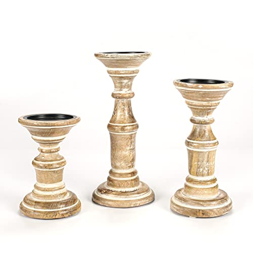 Candle Holder Stand Wooden, Pillar Candle Holders, Unity Candle Holders, Rounded Turned Colums, Country Style Ideal for Gift, Wedding, Christmas, Party, Home,Spa - 10,8,6 Inch- Set of 3, White Wash - color: White Wash, size: 10,8,6 Inch Set of 3 - Mid Cut