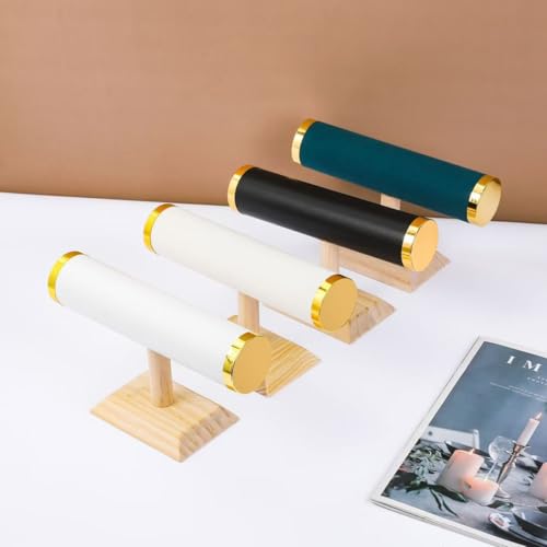 Jewelry Display Stand for Bracelet Bangle Watch, T Bar Jewelry Holder with Velvet Covered Bar and Wood Base for Countertop Organizer and Display - color: Round Suede Beige