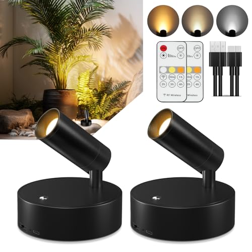 Kimjo Spot Lights Indoor, 4000mAh Rechargeable Battery LED Spotlight Indoor with Remote, Wireless Picture Lights with Timer Dimmable, Uplighting for Plant, Wall Art Display (2 Pack) - color: Black-1