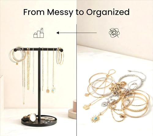 Necklace Holder Organizer, Metal Jewelry Stand to Prevent Bangles, Necklaces, Bracelets, Rings, Earrings and Watch Tangling - color: Black