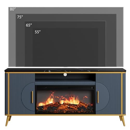 Fluted Fireplace TV Stand Up to 80" TVs, Modern Entertainment Center with 30" Electric Fireplace, Luxury Media Console with Adjustable Shelves for Living Room, Navy Blue - color: Navy Blue