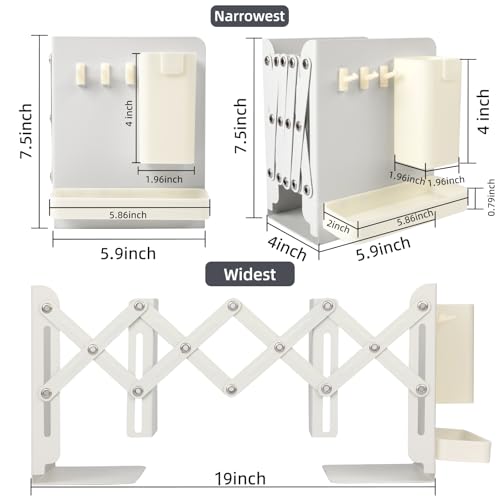 Adjustable Bookends, 19" Metal Book Ends for Heavy Books, 2 Dividers Bookends with Removable Pen Holder, Tray, and 3 Hook-up, Book Organizer for Office, School, Bookstore, Home - color: White