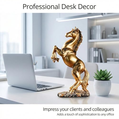 Golden Rearing Horse Statue for Home Decor - 12.2" Antique Gold Resin Stallion Sculpture - Lucky Feng Shui Figurine for Office Desk, Bookshelf & Business Gifts (Symbol of Success) - color: Golden