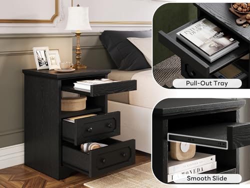 LIKIMIO Night Stand, Modern Bedside Table with 2 Drawers, Open Shelf, End Table with Pull-Out Tray, Wood SideTable, Black - color: Black