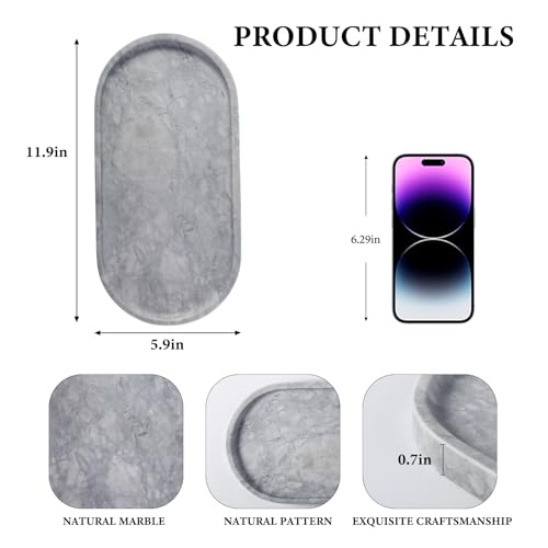 Koville Grey Marble Tray for Bathroom Countertop, 12"x6" Vanity Decorative Marble Tray for Dresser, Stone Catchall Trays for Perfume, Candles, Jewelry, Stone Gray Storage Trays for Home Decor - color: Gray, size: 12" x 6" x 0.7"