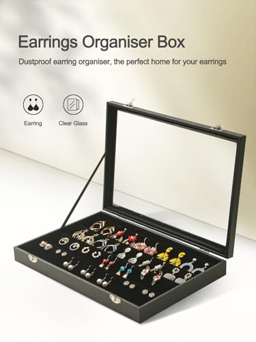 Coward Earring Organizer Tray Box, Black Velvet Earring Jewelry Display Storage Tray Case with Transparent Glass Lid for Home Drawer or Shop Selling - color: Black Velvet, size: Earring Box