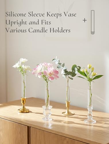 Bud Vases with Candlestick Holders: Set of 6 Clear Glass Vase with Silicon Sleeve for 0.87" Taper Candle Holder - Flower Vases for Centerpieces Wedding Table Party Decor - size: 6 PCs
