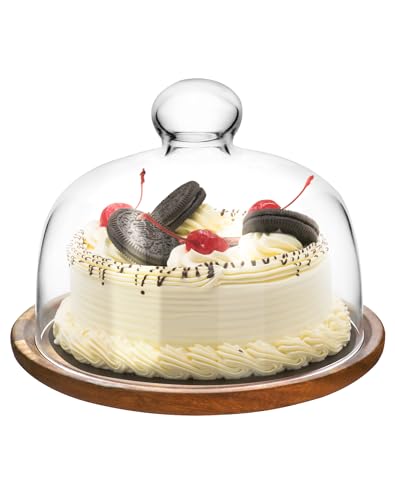 QWORK Glass Dome Cloche with Acacia Wood Tray – 7" Cover for Cakes, Cheese & Table Display