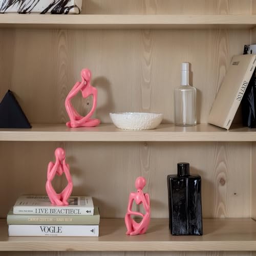 Pink Thinker Statue Set of 3 - Pink Statue Decor for Table, TV Stand, Shelf, Desk - Resin Figurines for Living Room, Minimalist Bookcase Decorative, Modern Sculpture, Home Accents - color: Pink