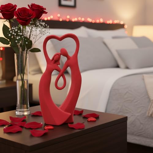 Velvet Flocked Couple Sculpture, Romantic Decorative Statue Modern Abstract Art Figurine for Anniversary, Wedding Gift, Living Room, Vanity, Dining Table Centerpiece (Red) - color: Couple01-red
