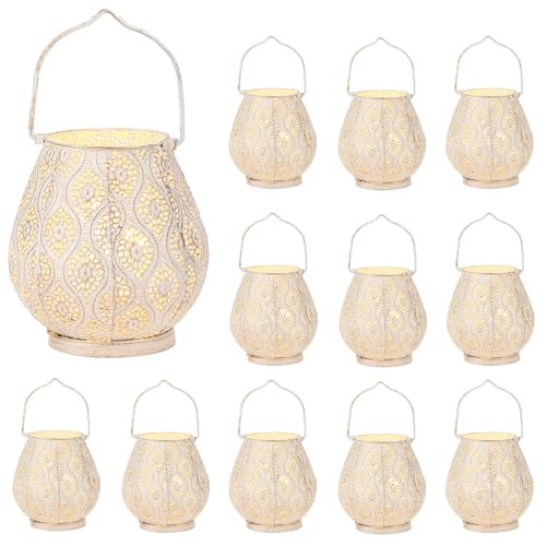 TRIROCKS Set of 12 Moroccan Decorative Lamps 8'' High Battery Powered Cordless Lamp Metal Table Lamps with Fairy Lights Bulb for Home Room Garden Yard Party Events Tabletop Indoor Outdoor(White) - color: 12 Set White