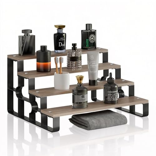 Perfume Stand for Men,4 Tier Cologne Organizer,Display Shelf Stands for Dresser,Wooden Shelf Display Risers for Party,Makeup,Figures,Cupcake,Dessert(Walnut,Width=14") - color: Walnut, size: 4 Tiers-width=14"