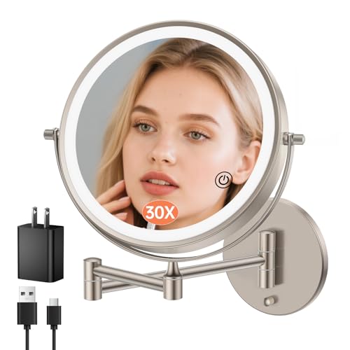 FUNTOUCH 5000mAh Rechargeable Wall Mounted Makeup Mirror with Lights, 9" Double Sided 1X/30X Magnifying Mirror with Dimmable 3 Color Light, Extended Swing Arm 360° Wall Mount Bathroom Mirror,Nickel - color: Nickel-30x