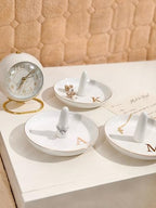 Ceramic Initials Jewelry Tray Ring Dish With Personalized H-Monogrammed Engagement Wedding Gifts, for Birthday Mother's Day for Women, Ceramic White 4.7" x2.4" - style: H
