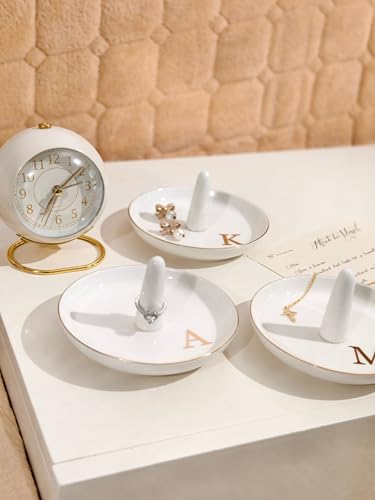 Ceramic Initials Jewelry Tray Ring Dish With Personalized E-Monogrammed Engagement Wedding Gifts, for Birthday Mother's Day for Women, Ceramic White 4.7" x2.4" - style: E