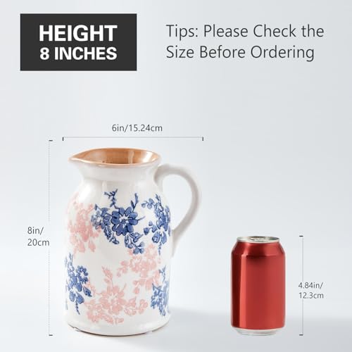Floral Pattern Flower Pitcher Vase, Farmhouse vase with Handle, Ceramic Modern Pitcher Vase for Home Décor, Cute Water Jug. - color: Blue&red Pitcher
