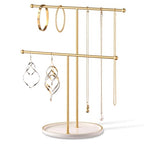 Gold Jewelry Holder Stand with Ceramic Tray: Small Hanging Necklace Organizer Tree for Earrings, Bracelets, Rings – Jewelry Display Hanger for Women & Girls, White - color: white tray gold bar