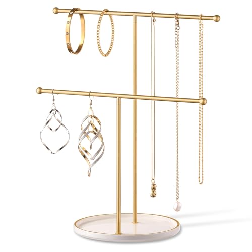 Gold Jewelry Holder Stand with Ceramic Tray: Small Hanging Necklace Organizer Tree for Earrings, Bracelets, Rings – Jewelry Display Hanger for Women & Girls, White - color: white tray gold bar