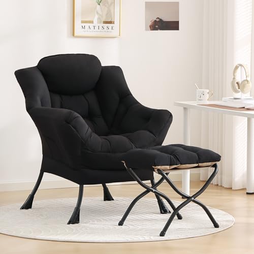 Tiita Lazy Chair with Ottoman, Black Modern Large Accent Chair, Comfy Leisure Sofa Armchair with Ottoman, Reading Chair with Footrest for Bedroom, Living Room, Dorm Rooms, Black - color: Peach Skin Black