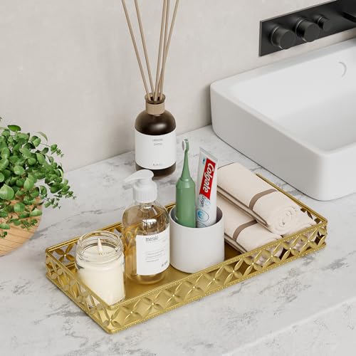 Bathroom Vanity Tray for Counter Organizer - 11 Inch Small Decorative Tray Gold Rectangle Countertop Tray for Perfume Makeup Cosmetic Jewelry - color: Rectangle Floral-gold