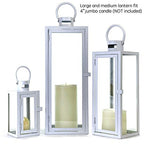 Allgala 3-PC Lantern Set 23 Inch Jumbo Deluxe Modern Indoor/Outdoor Candle Lantern Set White Painted Ironl Frame Tempered Glass Rectangular for Garden Poolside Fireplace Wedding - color: Cuboid White