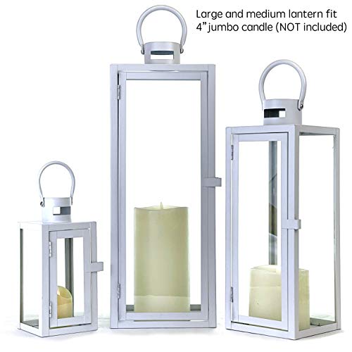 Allgala 3-PC Lantern Set 23 Inch Jumbo Deluxe Modern Indoor/Outdoor Candle Lantern Set White Painted Ironl Frame Tempered Glass Rectangular for Garden Poolside Fireplace Wedding - color: Cuboid White