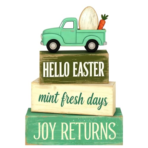 Easter Decorations - Hello Easter Truck Tiered Tray Decor - Wooden Easter Tabletop Sign with Carrot & Egg - Mint Green Farmhouse Spring Home Decor Indoor for Tiered Tray Shelf Mantel - Spring Home Decor for Living Room, Kitchen Counter - style: Easter Tru