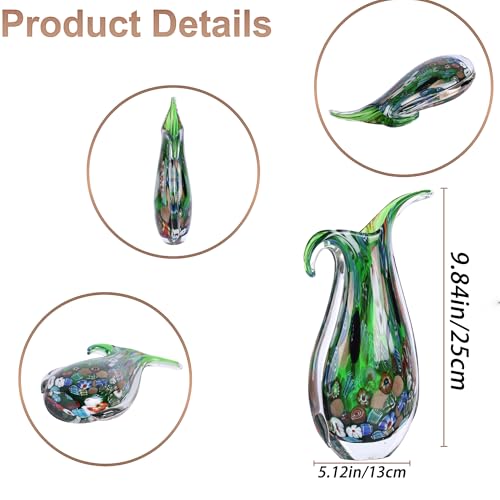 Blown Glass vase, Unique Murano Style Glass Art Deco vase for Living Room TV Stand, Table Setting, Office, Room and Desktop Decorations and Ornaments. - color: Green