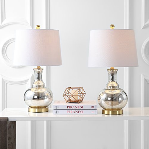 JONATHAN Y 25" Mercury Silver and Brass Gold Glass Table Lamp Set of 2 for Bedroom, Modern Bedside Lamp for Living Room Nightstand, White Linen Drum Shade, LED Bulb Included JYL1068A-SET2 - color: Mercury Silver