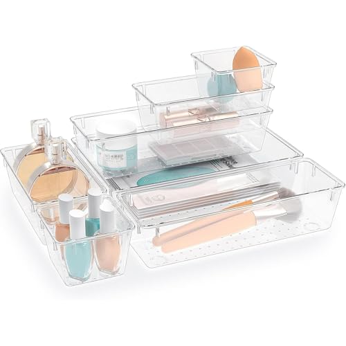 StorMiracle 7 PCS Clear Plastic Drawer Organizers Set, 4 Size Desk Drawer Organizer Trays for Makeup, Jewelry, Kitchen Utensils, Gadgets and Office Accessories - color: Clear, size: 7 PCS
